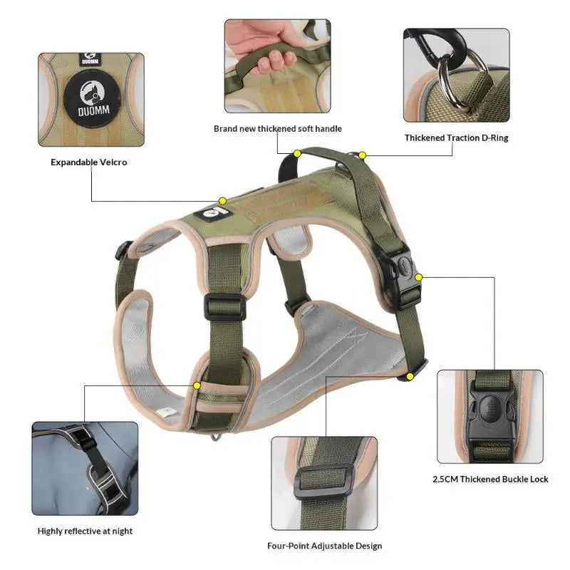 Arnés ajustable reflejante para perro mediano y grande, con diseño cómodo y seguro para caminatas.