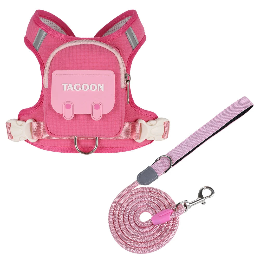Arnés tipo mochila reflectante para perros en color rosa con correa assortie