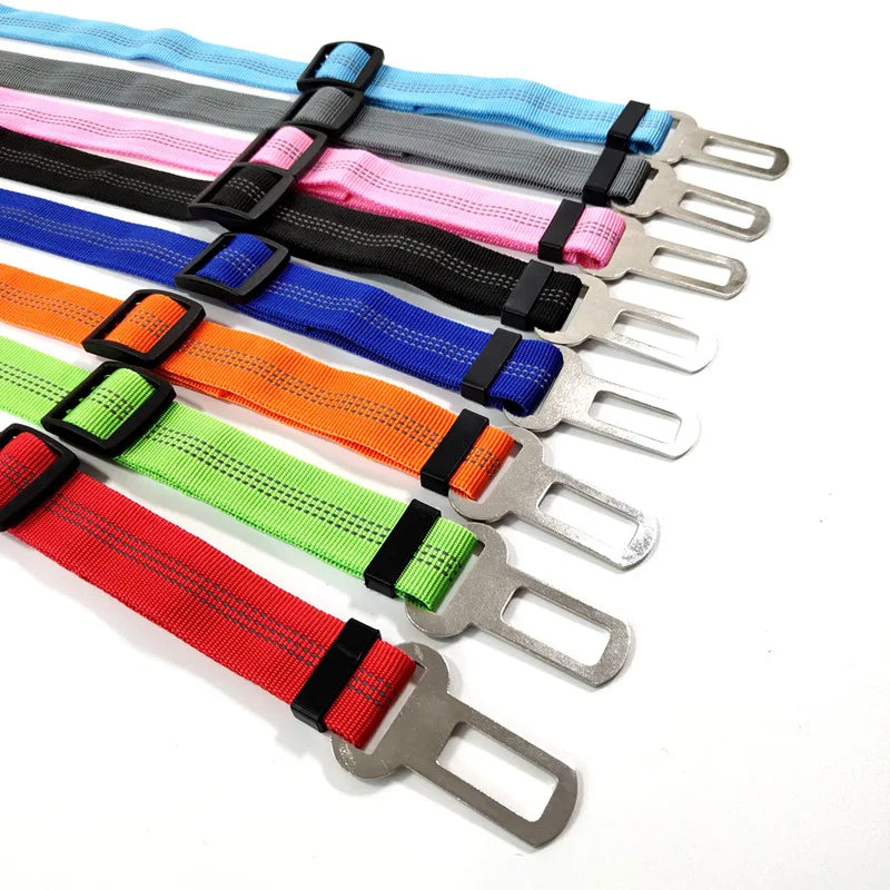 Cinturón de seguridad para perro en auto disponible en varios colores como rojo, verde, azul y negro.