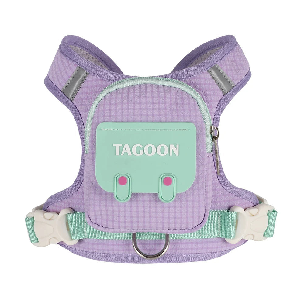 Arnés tipo mochila reflectante para perros en color lila avec compartimento de almacenamiento.