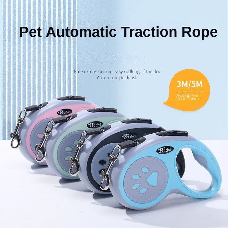 Correa Retráctil para Perro de 3 o 5 m disponible en quatre couleurs avec système de freinage et poignée ergonomique.