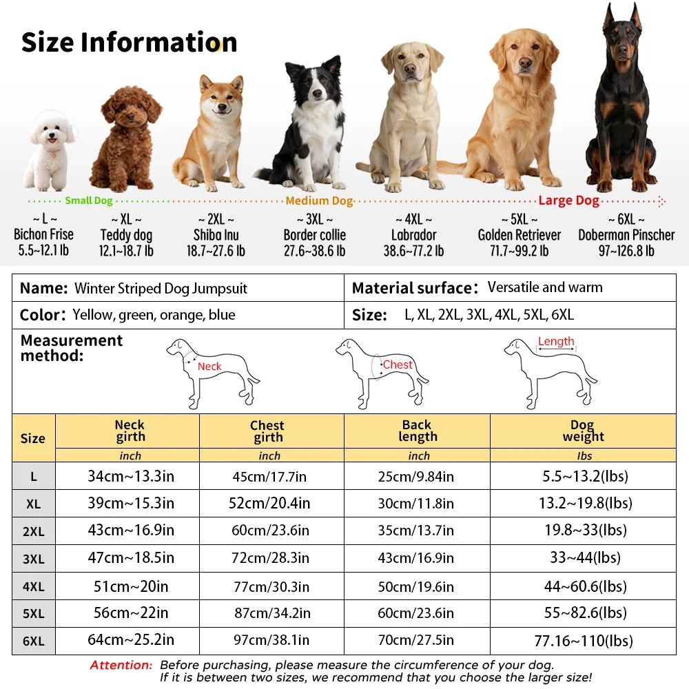 Pijama de rayas para perro con cuello alto - tableau d'information sur les tailles pour chiens.
