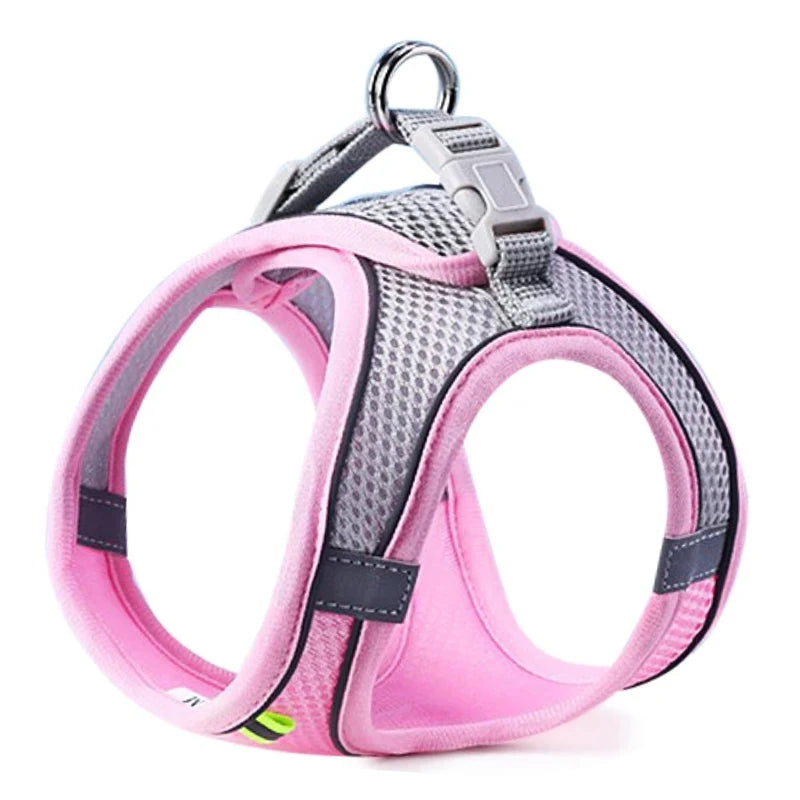 Arnés reflejante y transpirable con correa pour chien Mitzon, design en maille rose pour un confort optimal.