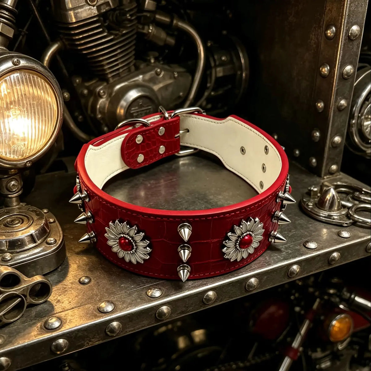 collar para perro con remaches estilo punk rouge Mitzon sur un support métallique, décoration punk avec des clous.