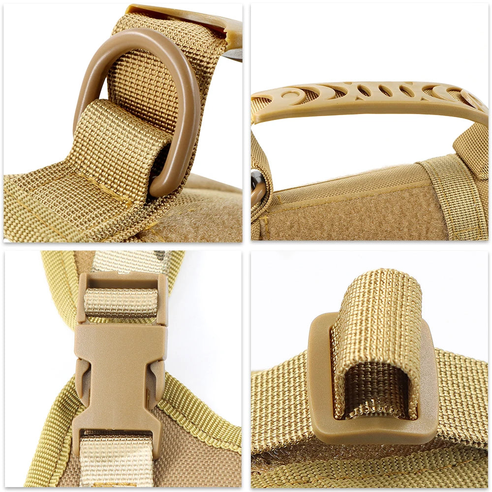 Arnés táctico para perro pequeño avec détails des boucles et sangles ajustables en couleur beige.