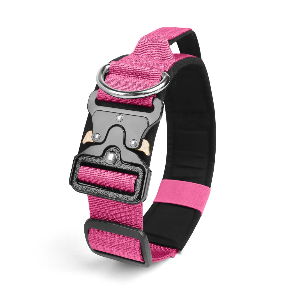 Collar táctico para perro de nylon resistente de color rosa con hebilla de liberación rápida Mitzon.