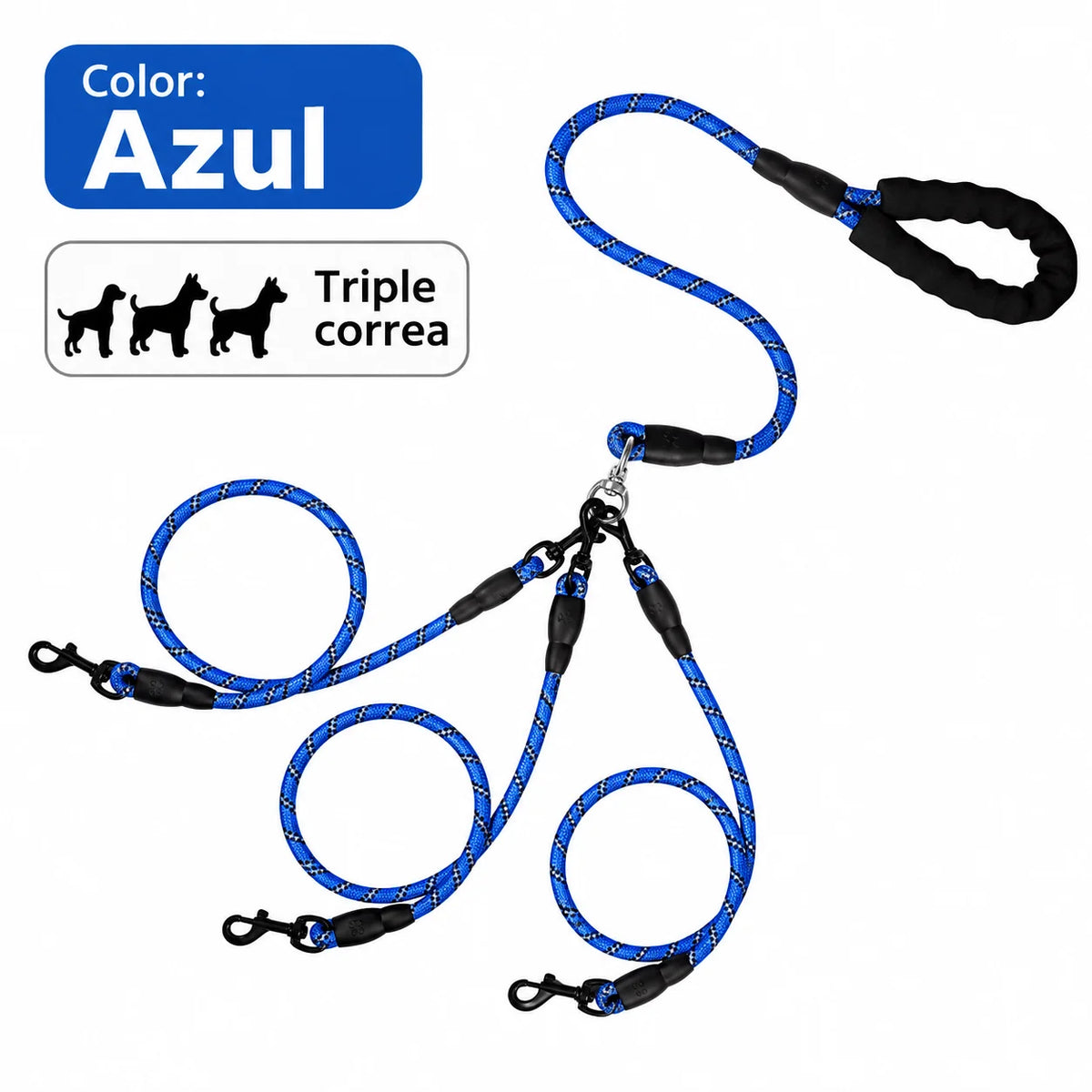 Correa para Pasear 3 Perros Desmontable Acolchada en color azul, design triple para múltiples perros.