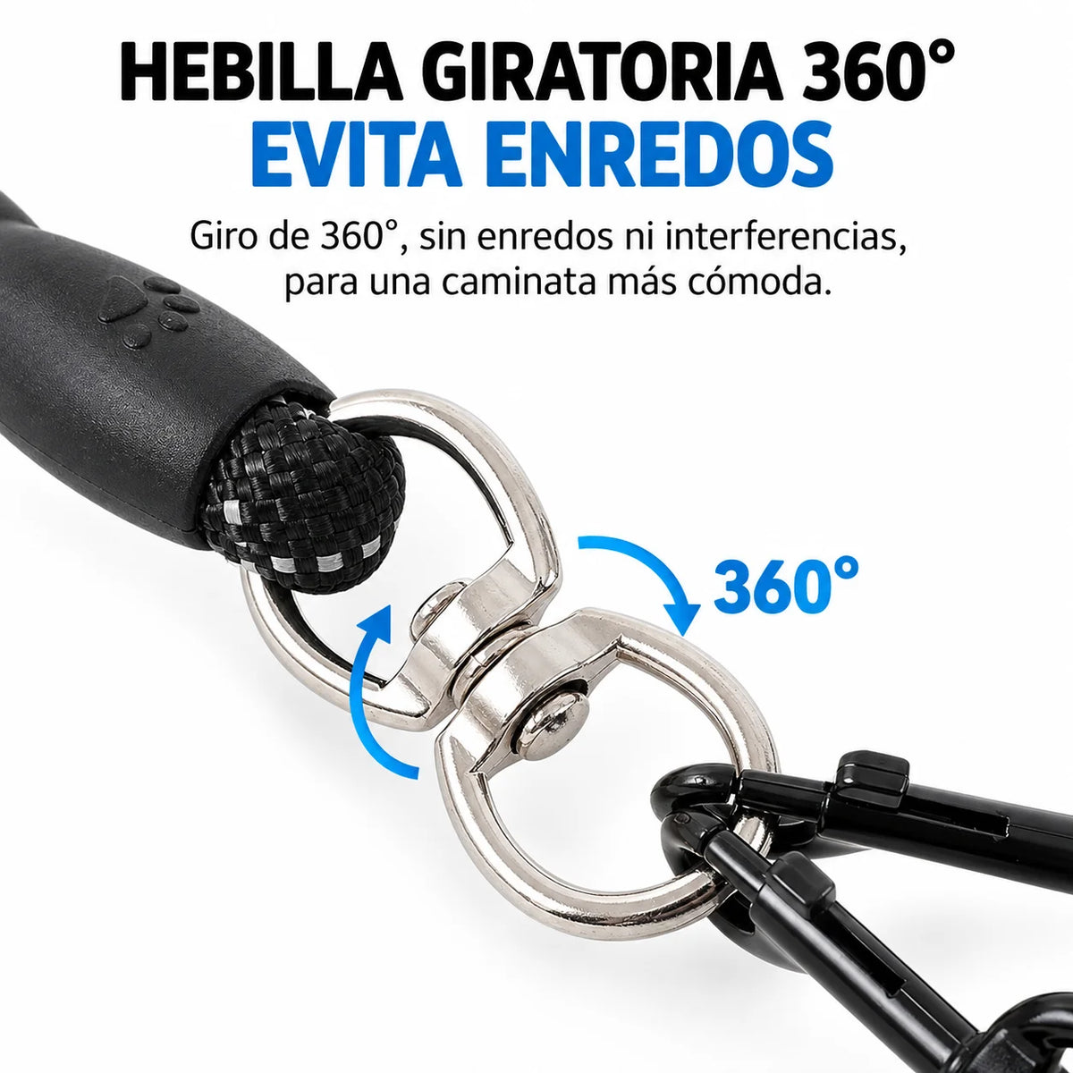 Hebilla giratoria 360° de la correa para pasear 3 perros, evita enredos y asegura comodidad en caminatas.