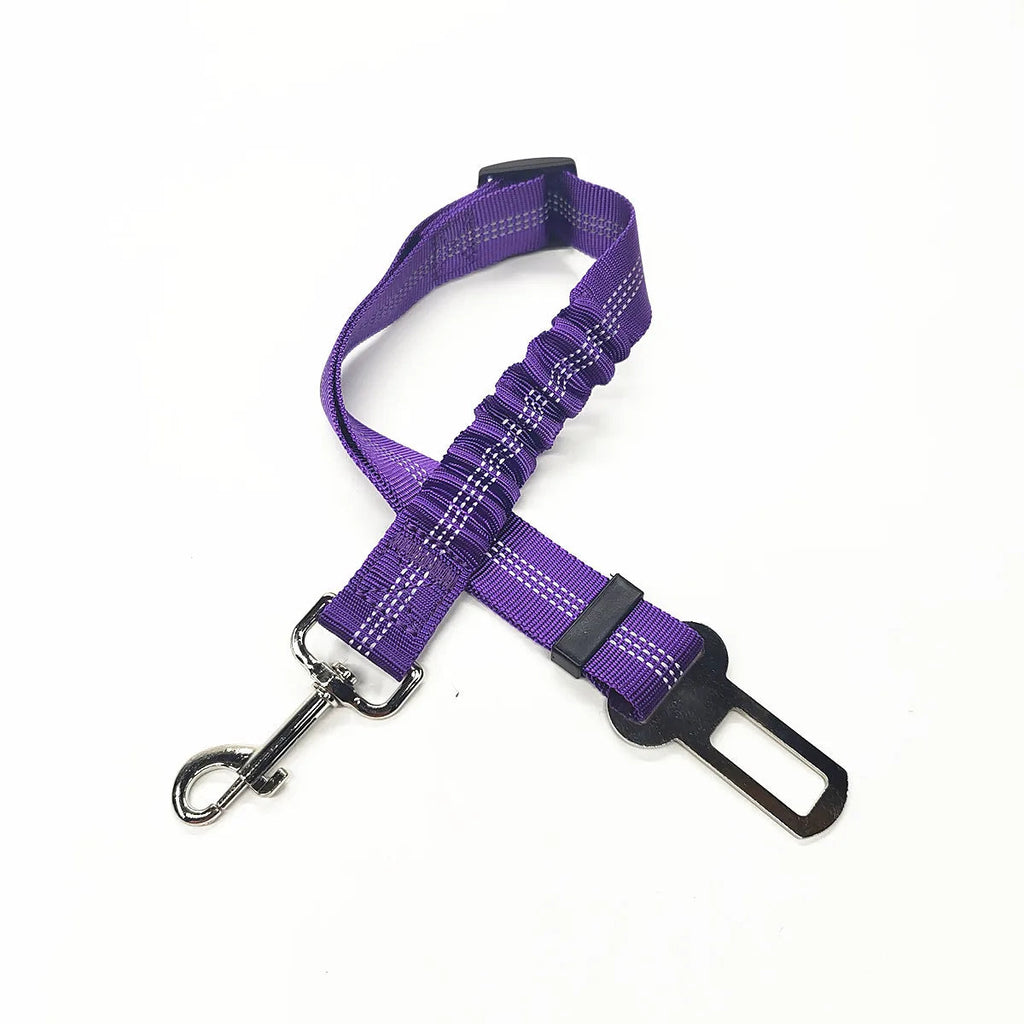 Cinturón de seguridad para perro en auto, diseño elástico y reflejante en color morado.