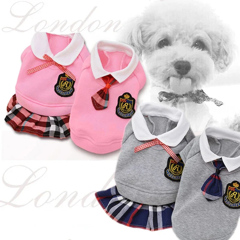 uniforme escolar para perro camisa o vestido en rosa y gris para estilos divertidos et mignons.