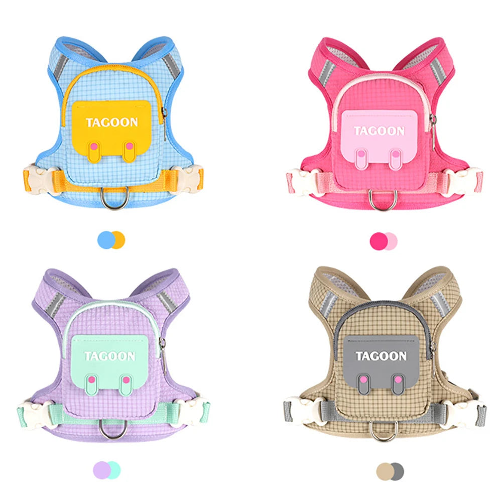 Arnés tipo mochila reflectante para perros disponible en quatre couleurs : bleu, rose, violet et beige.