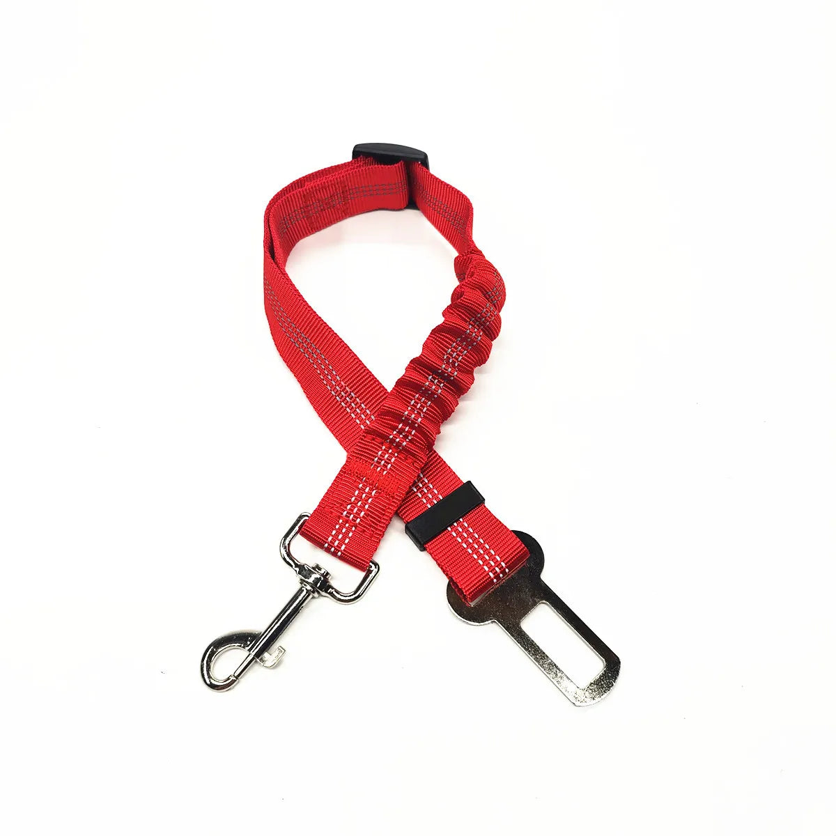 Cinturón de seguridad para perro en auto, diseño elegante y reflectante en color rojo.