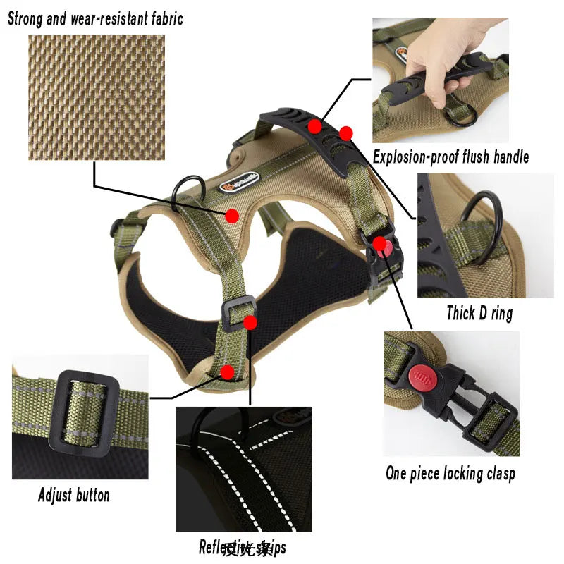 Imagen del arnés tipo chaleco reflejante para perro con detalles sobre su material, características y función.