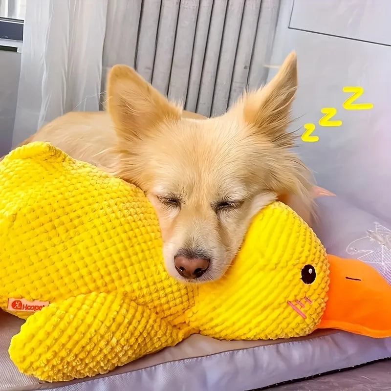 Perro dormido sur un juguete de peluche con sonido para perro, un adorable accesorio que entretiene a las mascotas.