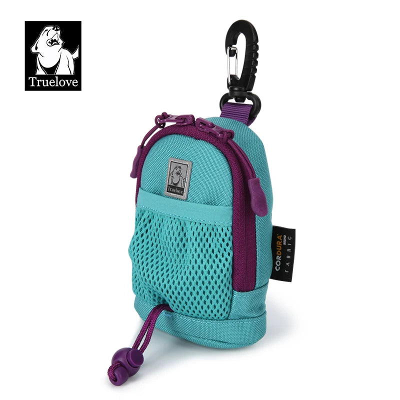 Bolsa de paseo TRUELOVE para premios y bolsas higiénicas, color aqua y morado, con clip de sujeción.