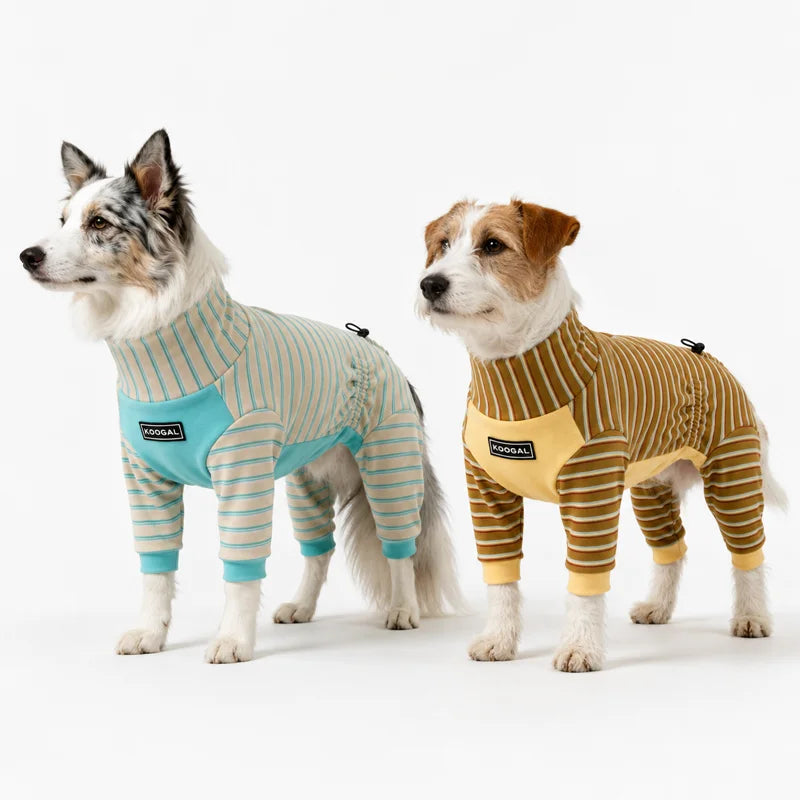 Pijama de rayas para perro con cuello alto en dos colores, ideal para días frescos.