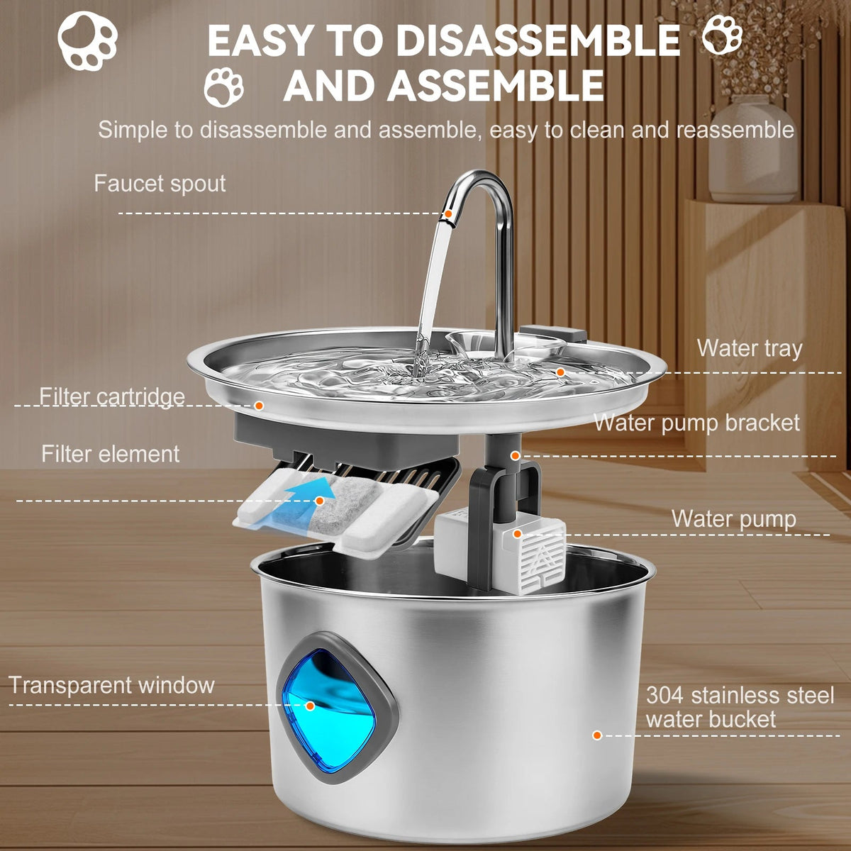 fuente de agua para perro de acero inoxidable Mitzon, facile à démonter et assembler, avec carafe filtrante et fenêtre transparente.