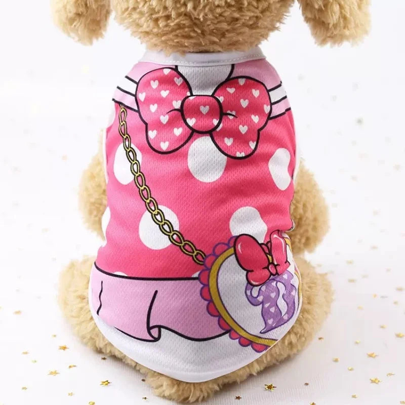 camiseta sin mangas para perro con estampado de overol Mitzon, color rose avec motifs de nœud et pois.