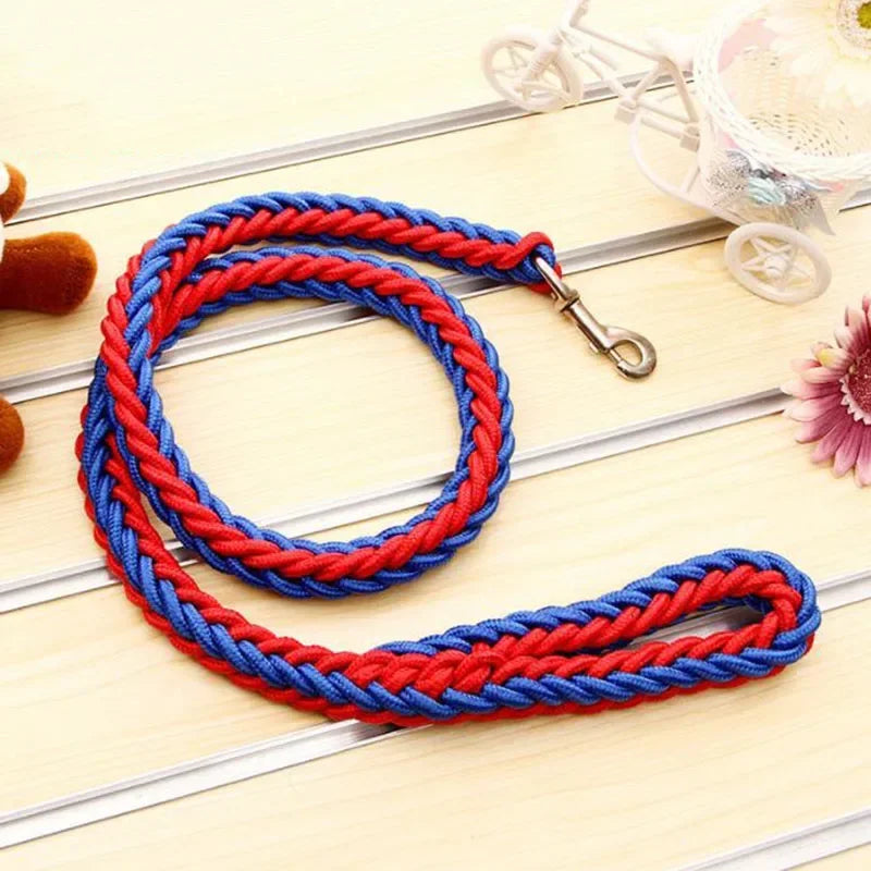 Correa de nylon para perro reforzada en color rojo y azul, ideal para paseos y aventuras al aire libre.