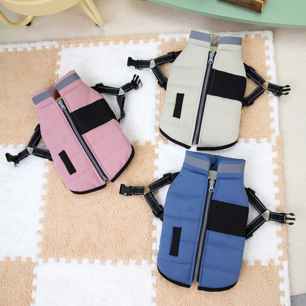 Chamarra de invierno para perro disponible en colores beige, rosa y azul, ideal para mantener abrigado a tu mascota.