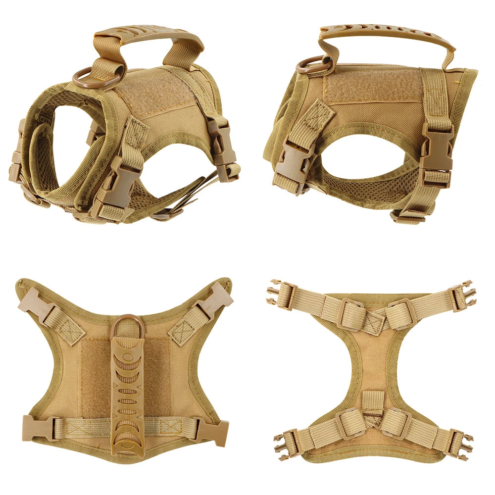 Arnés táctico para perro pequeño de color marrón con correas ajustables y diseño ergonómico para mayor comodidad.