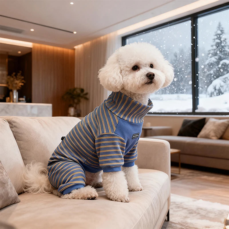 Pijama de rayas para perro con cuello alto, un perro sentado sur un canapé confortable pendant une journée froide.
