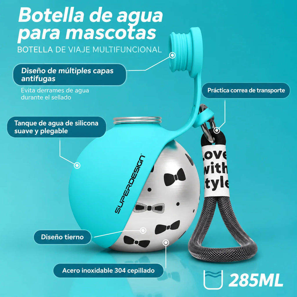 Bebedero portátil para perro de acero inoxidable de 285 ml, diseño funcional y práctico para paseos.