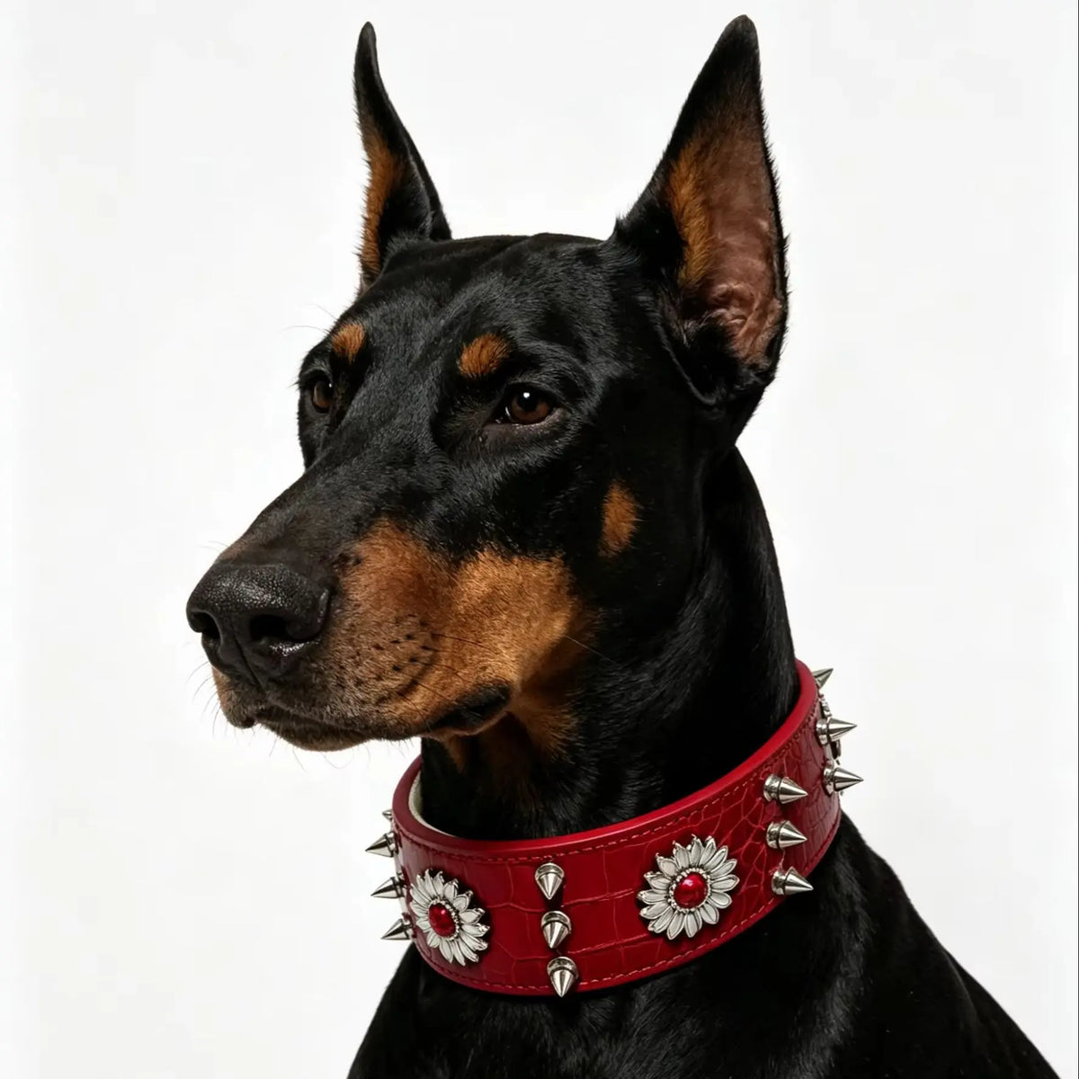 collar para perro con remaches estilo punk rouge Mitzon porté par un doberman avec des clous en métal.