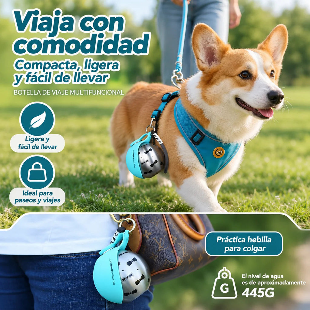 Bebedero portátil para perro de acero inoxidable, ligero y fácil de llevar, ideal para paseos y viajes.