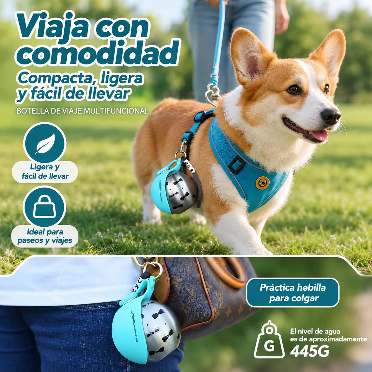 Bebedero portátil para perro de acero inoxidable, ligero y fácil de llevar, ideal para paseos y viajes.