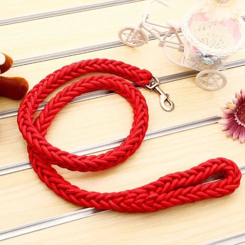 Correa de nylon para perro reforzada de 130 cm en color rojo, ideal para paseos y aventuras al aire libre.