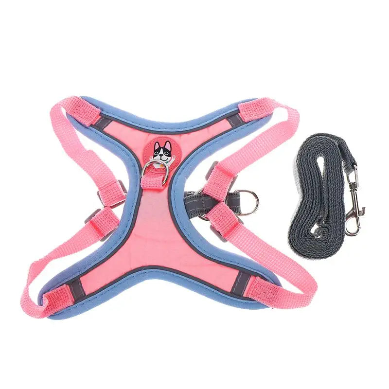 arnés con correa ajustable y reflejante para perro Mitzon color rose avec une traction réfléchissante.