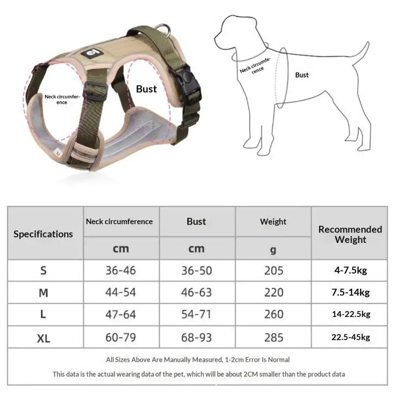 Arnés ajustable reflejante para perro con especificaciones de tamaño y medidas para confort y seguridad.
