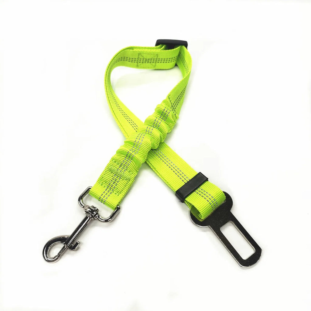 Cinturón de seguridad para perro en auto reflejante y elástico, ideal para viajes seguros.