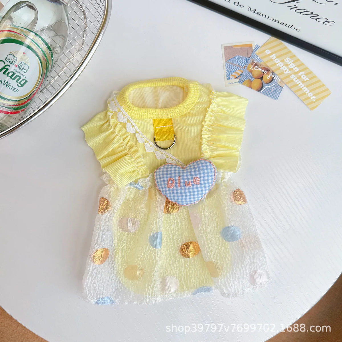 Vestido para perro falda globo Mitzon en color amarillo con diseño de lunares, ideal para ocasiones especiales.