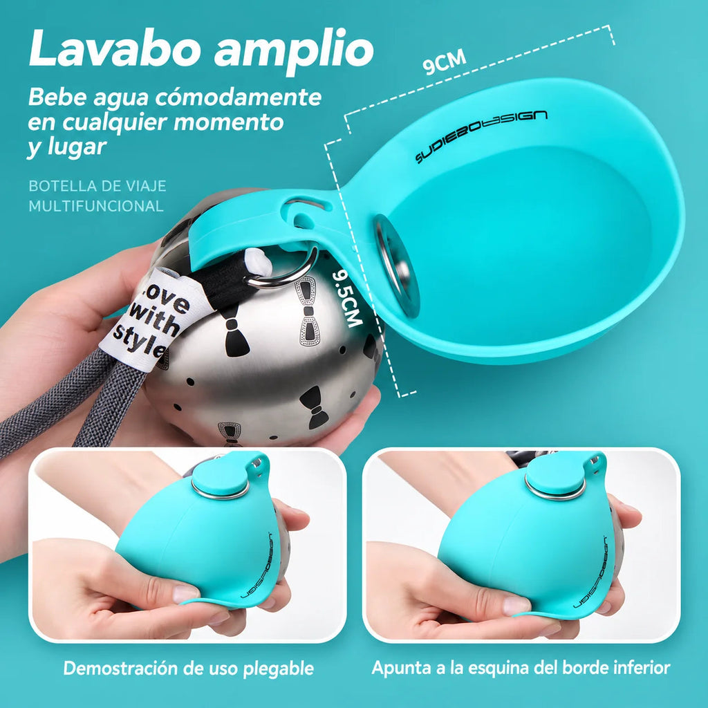 Bebedero portátil para perro de acero inoxidable, diseño funcional y cómodo para paseos.
