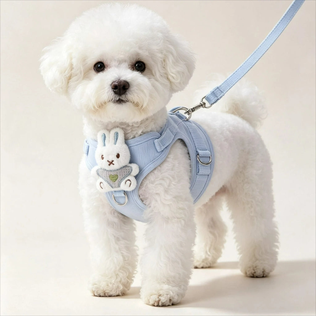 Chien portant un arnés ajustable de malla para perro pequeño de couleur bleu avec un jouet en peluche.
