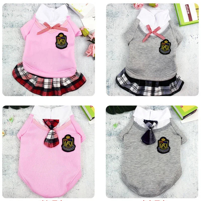 uniforme escolar para perro camisa o vestido en rosa et gris, avec blouses et jupes à carreaux