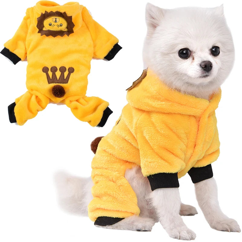 Disfraz de animalito para perro en polar suave con capucha, disfraz amarillo de león para perros pequeños.
