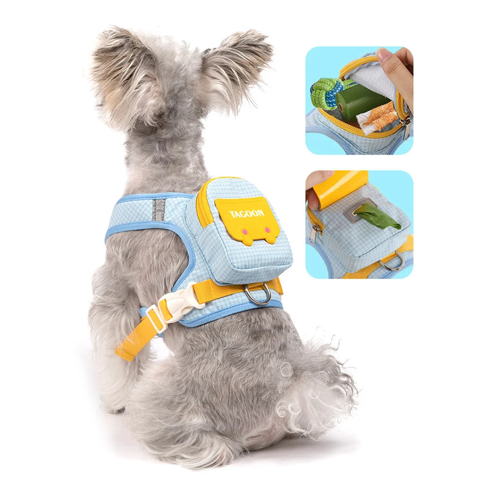 Arnés tipo mochila reflectante para perros, perfecto para paseos y excursiones, con compartimentos prácticos.