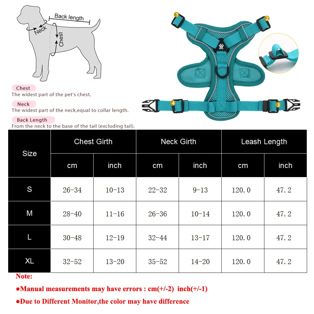 Table des tailles pour arnes ajustable et correa para perro, incluant les mesures de poitrine, cou et longueur de laisse.