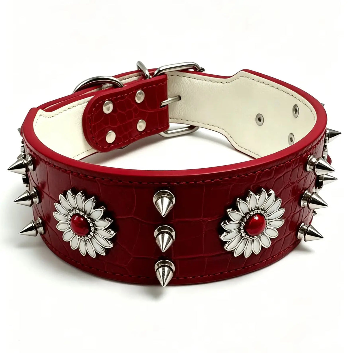 collar para perro con remaches estilo punk rouge avec des clous et des fleurs décoratives