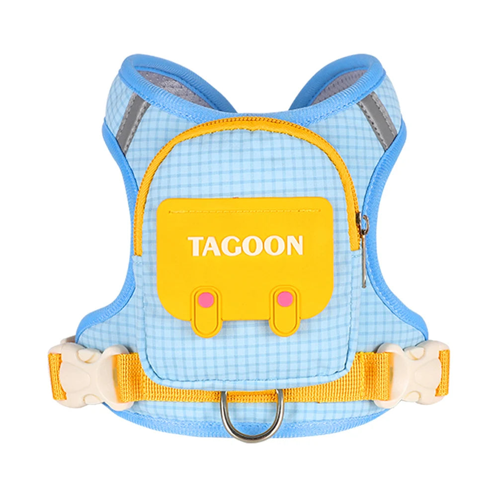 Arnés tipo mochila reflectante para perros en color azul con diseño de alforja y detalles amarillos.