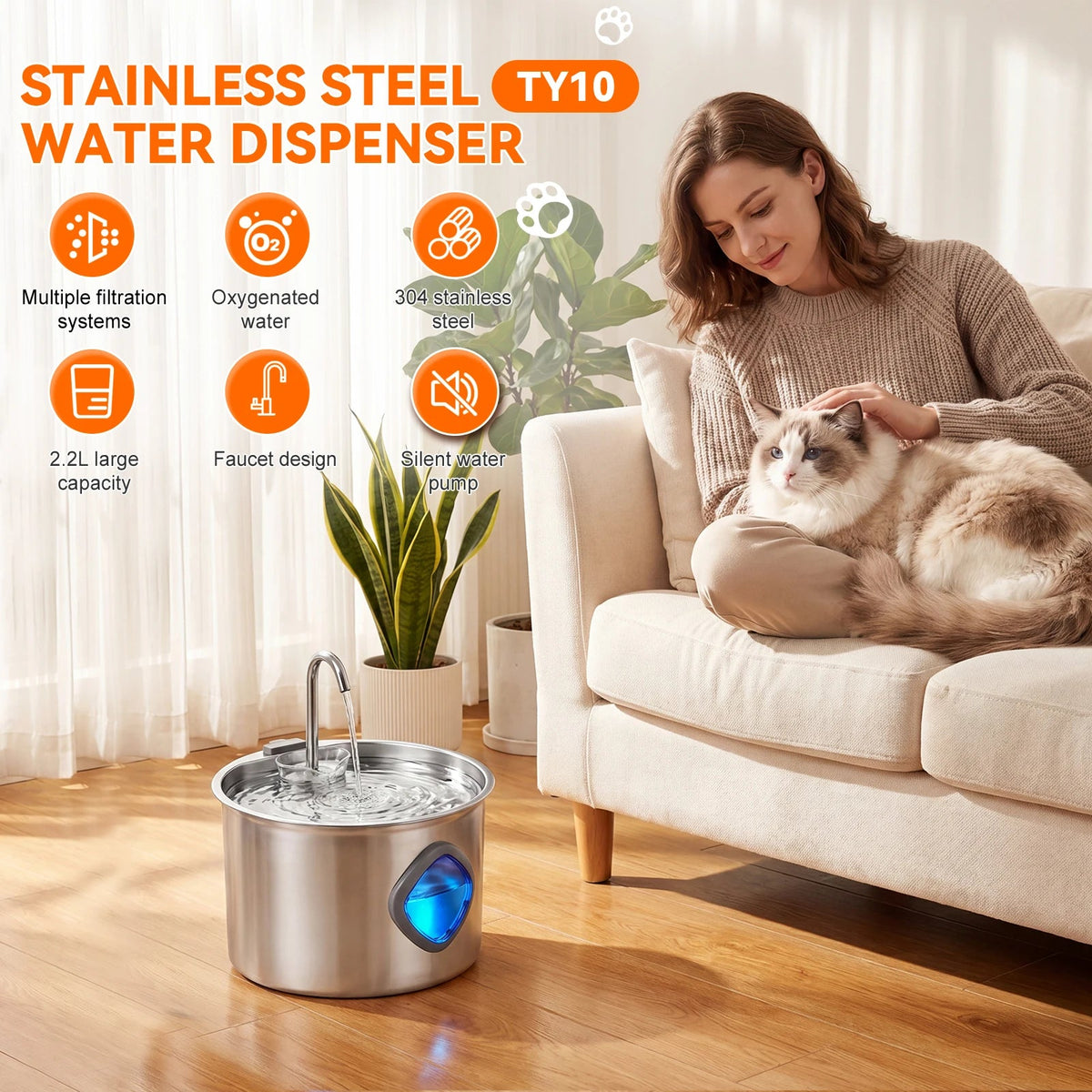 Fuente de agua para perro de acero inoxidable Mitzon, ideal para mascotas, con capacidad de 3.2 L y bomba silenciosa.