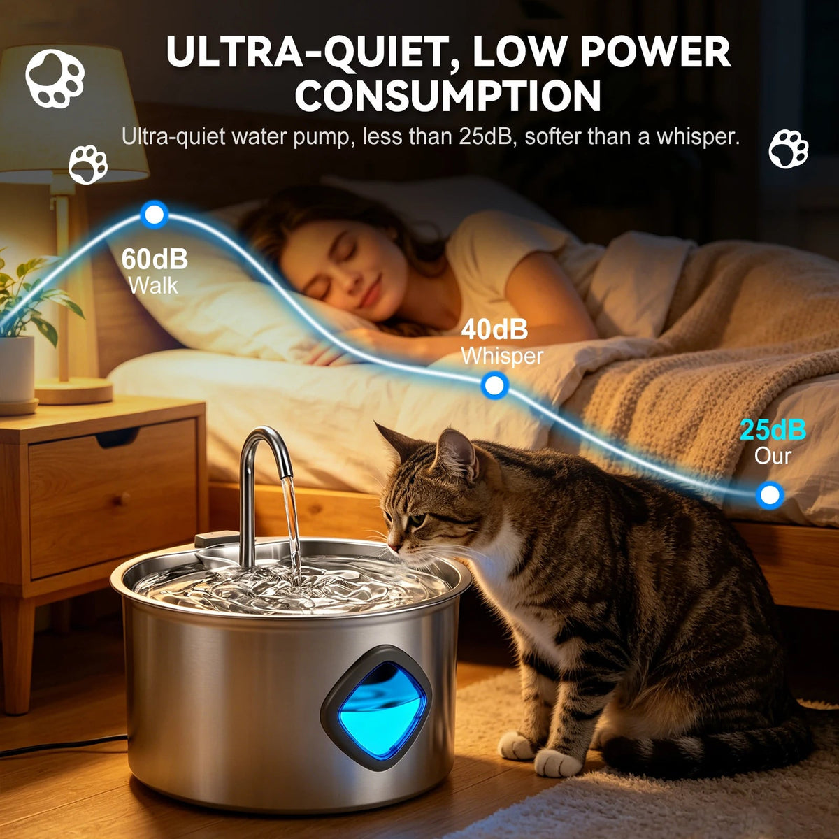 Fuente de agua para perro de acero inoxidable Mitzon montrant une pompe ultra-silencieuse et un chat heureux.
