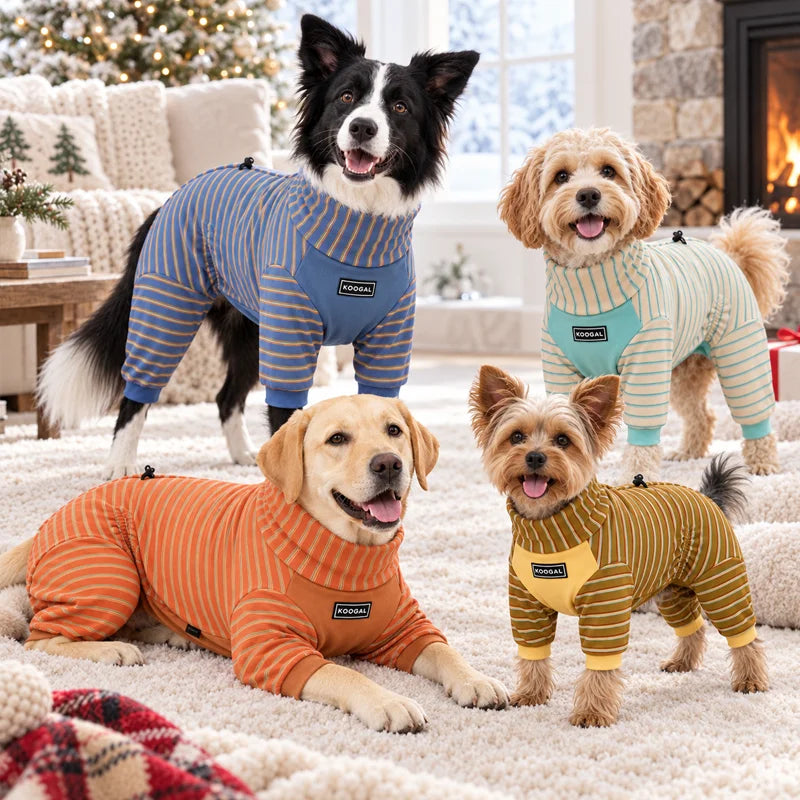 Pijama de rayas para perro con cuello alto en varios colores, ideal para momentos de descanso en casa.