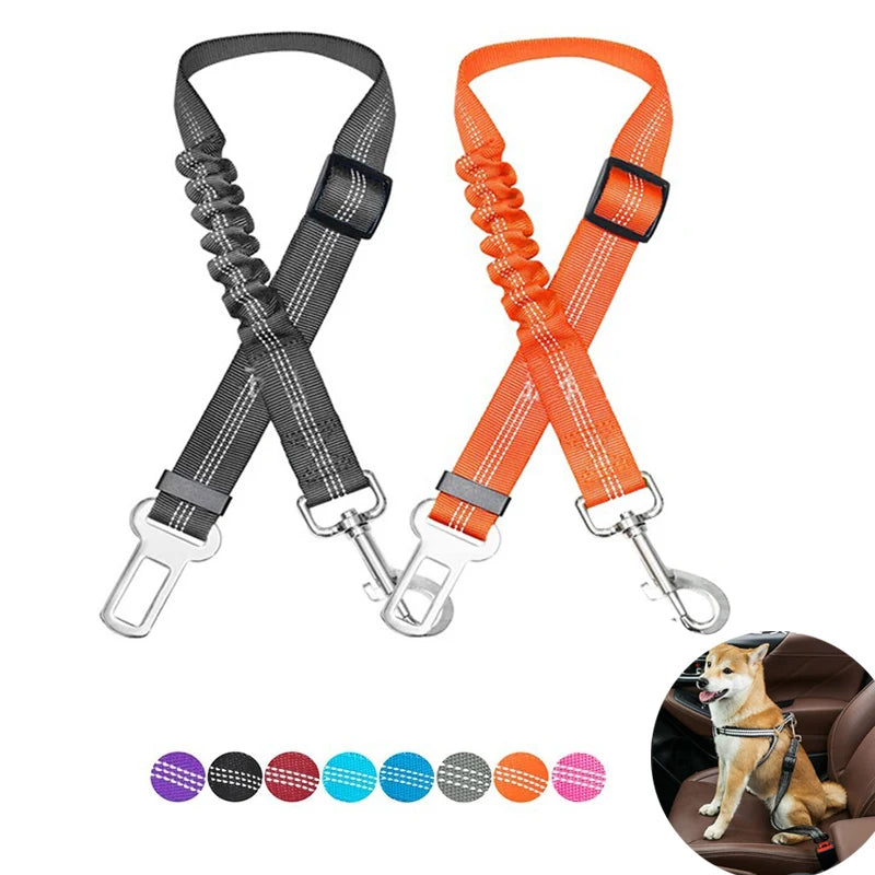 Cinturón de seguridad para perro en auto, dos colores, gris y naranja, diseñado para seguridad y comodidad en viajes.