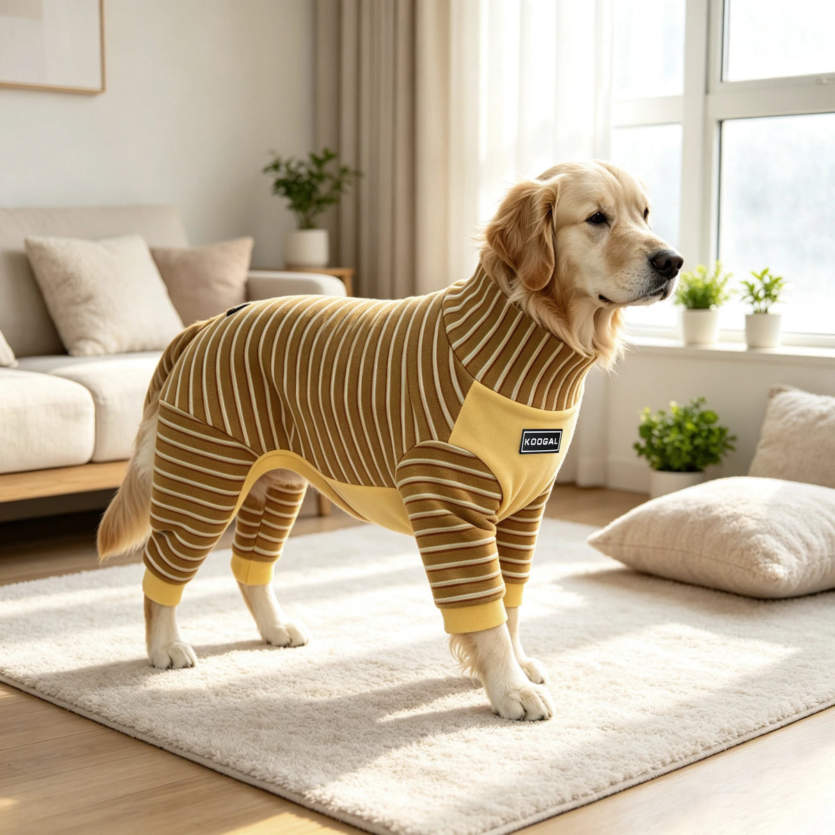 Pijama de rayas para perro con cuello alto, diseño cómodo y cálido para momentos de descanso.