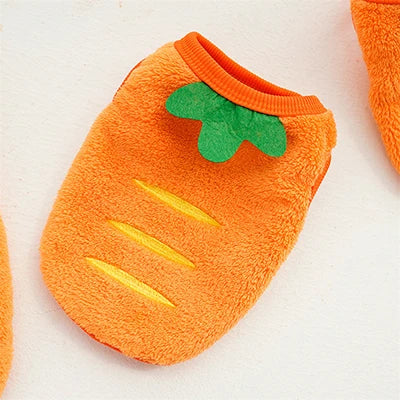 Suéter de polar para perro pequeño con diseños divertidos en forma de zanahoria, color naranja et doux.