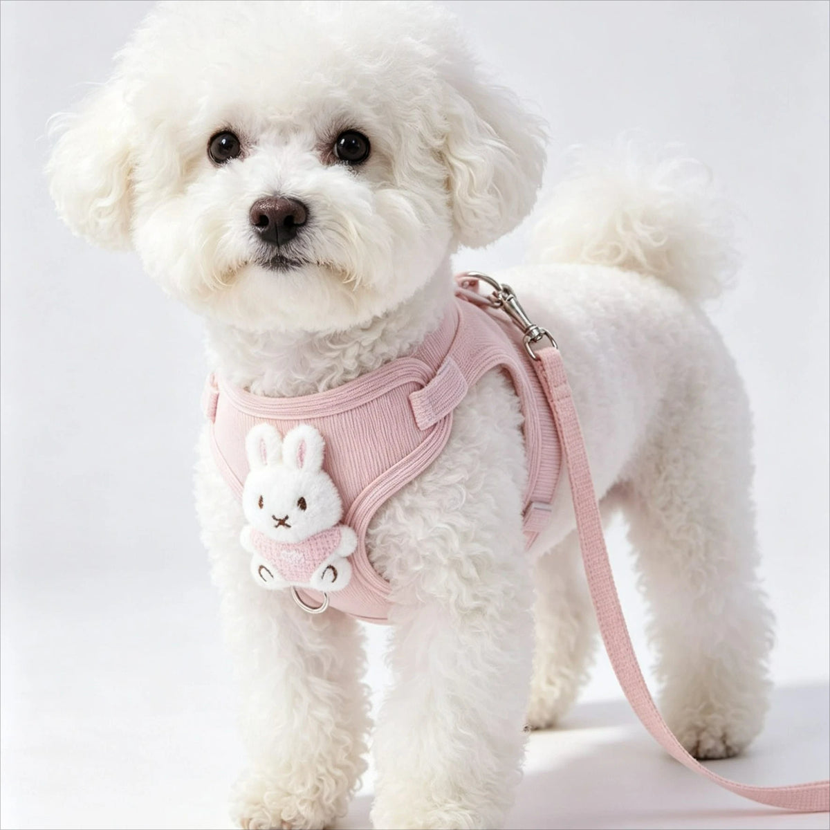 Arnés ajustable de malla para perro pequeño sur de un perro blanco avec un adorable accessoire de lapin.